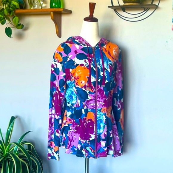 Isaac Mizrahi Tops - Isaac Mizrahi Live! Peplum Vibrant Floral Pink Blue Purple Orange Pattern Hoodie